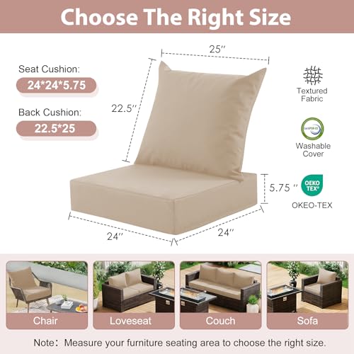 Image of Outdoor Deep Seat Cushion Set, 24x24 Inch Water-Resistant & Fade-Resistant Outdoor Chair Cushions, Patio Furniture Cushions with Removable Cover for Patio Chair, Sofa, Beige (Set of 4)