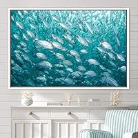 Framed Canvas Wall Art School of Fish Colorful Fish Group Marine Life Multicolor Nautical Photography Realism Ultra - 16x24 inches