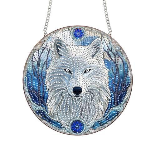 Bimkole ダイヤモンドアート 白いオオカミ ハンギングキット - 大人のための5Dダイヤモンドアートキット、DIY 動物 リスタルアートハンギングサイン、アクリルクリスタルアート吊り下げオーナメント - 壁掛け用、家庭・庭・玄関装飾用 20x20 cm