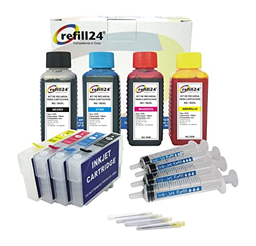 Cartuchos Recargables Epson refill24 Cartuchos Recargables Compatible para 502/502XL + Tinta 400ml para impresoras XP-5100, XP-5105,WF-2860DWF,...