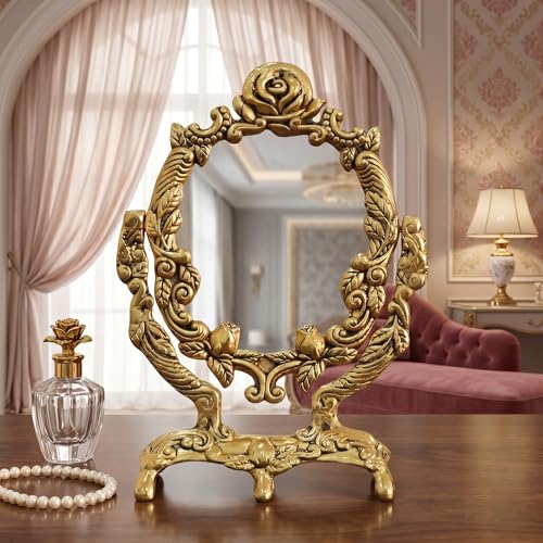 Image of KridayKraft Vintage Gold Rose Tabletop Makeup Mirror, Decorative Vanity Mirror with Ornate Floral Frame, 12-Inch Standing Mirror for Bedroom or Dressing Table
