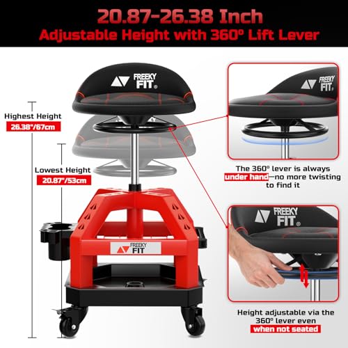Image of Rolling Shop Stool for Garage with Casters, DO02-Adjustable Height 360 Swivel Shop Seat with Tool Tray Storage, 330 LBS Capacity Padded Mechanic Stool, Magnetic Tool Hold, Heavy Duty, Red