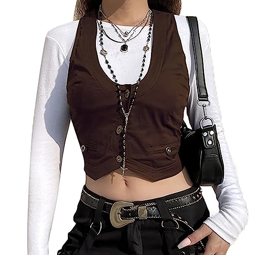 Multitrust Women Casual Dressy Vest Tops Versatile Racerback Button Waistcoat Retro Goth Tuxedo Suit Waistcoats V Neck Croset