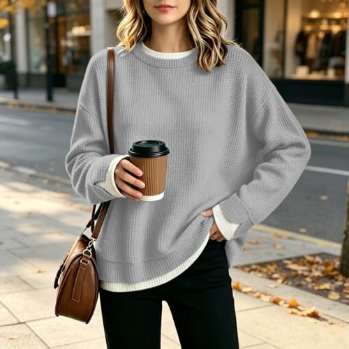 HswsEJ Womens Waffle Top Long Sleeve Crewneck Pullover Layered Sweaters - image 6