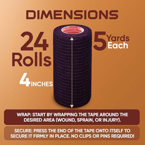 Image of Premium Bulk Self Adhesive Bandage Wrap for First Aid, Athletics, Medical & Animal Wounds - Non-Woven Elastic Cohesive Vet Tape for Wounds, Strains & Sprains - 24 Rolls, 4 Inch by Prairie Horse Supply
