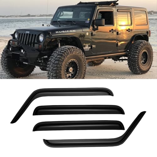 Image of Window Visors for 2007-2018 Jeep Wrangler JK Unlimited 4-Door, Rain Guards Shields Vent Deflector Shade Dark Smoke 08 09 10 11 12 13 14 15 16 17, Tape-On, 4PCS