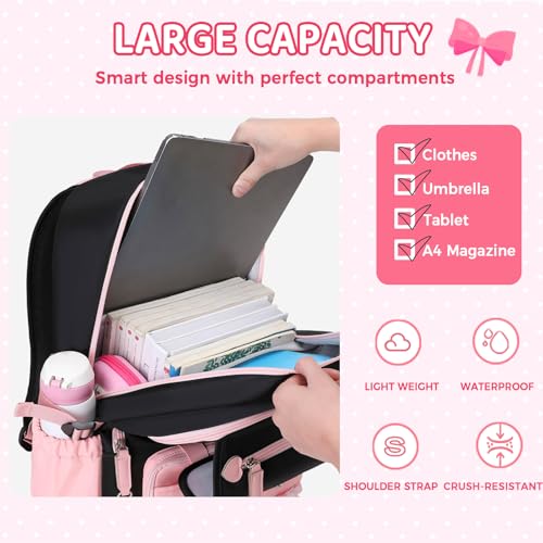 3pcs Cute Aesthetic Girls Backpack with Lunch Box Pencil Case Set, Elementary Middle High School Student Book Bag for Kids Teens, Large Capacity Kawaii Preppy Bow Tie Bookbag3