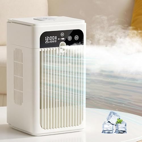 Mini Water Cooler Table Fan, Portable Air Conditioning Fanwith Humidifier,3000mAh,Mini Rechargeable Desktop Air Conditioner with 2 Speeds and 2 Misting Modes,Nano Scale Ice Mist,For Bedroom Office (A)