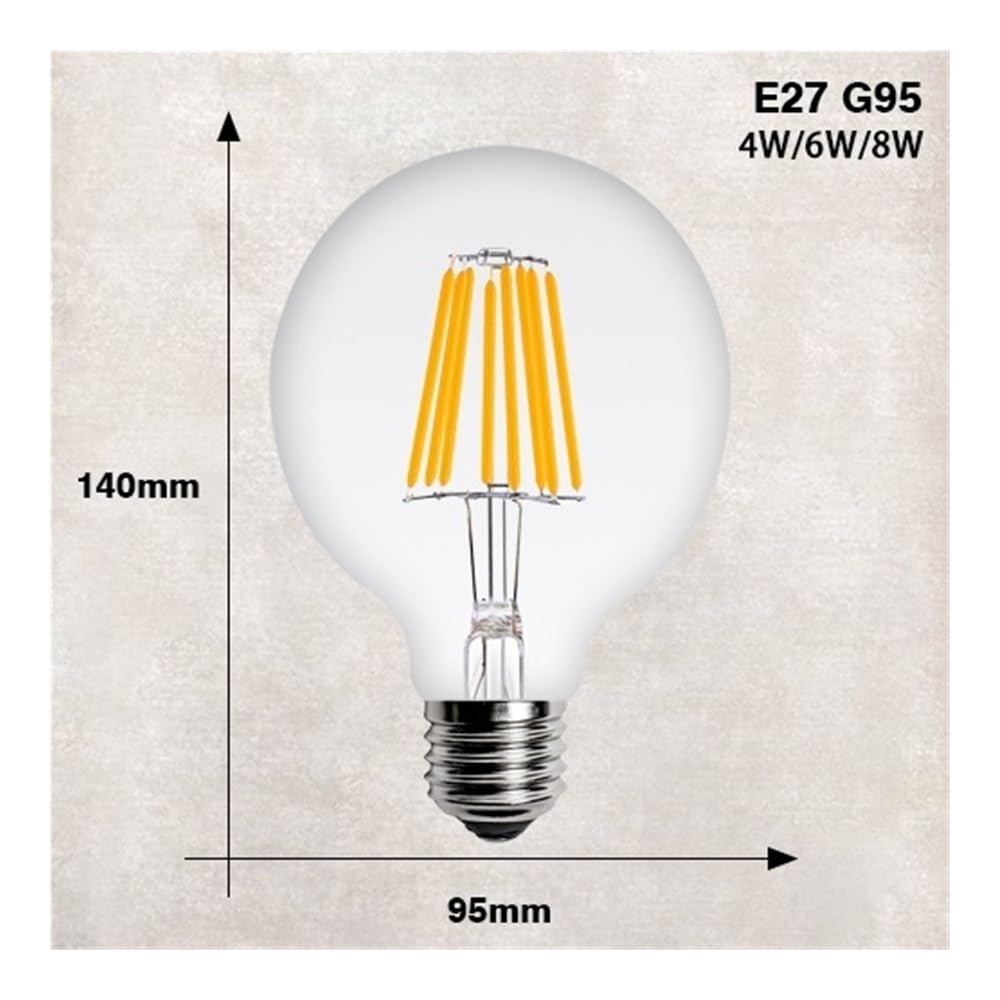 RZL Lighting, Paquete de 10, Bombilla de filamento LED E27 AC220V G45 G80 G95 lámpara Retro Edison Bombilla de araña de Vela(Warm White E27 G95,4w)
