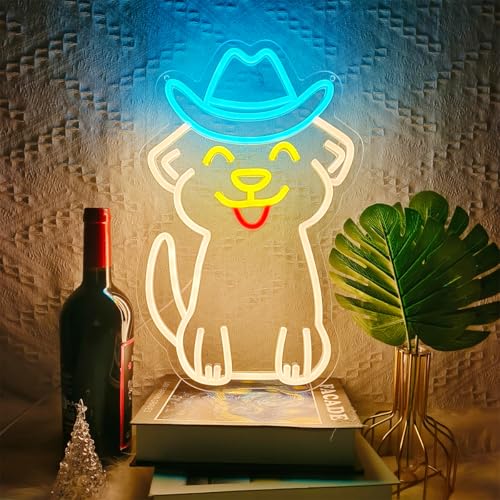 Image of Cowboy Hat Dog Neon Sign, Dimmable LED Neon Sign for Wall, Dog USB Neon Light Up Signs for Bedroom, Beauty Bar, Cowboys Gifts for Women, Ice Blue, Lemon Yellow, Warm White, Red, 9.8X15.7 IN