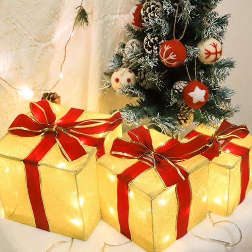 RIZZARI Christmas Box Decorations:Set of 3 Christmas Lighted Gift Boxes with Red Bows for Christmas Tree - Indoor Outdoor Holiday Decors