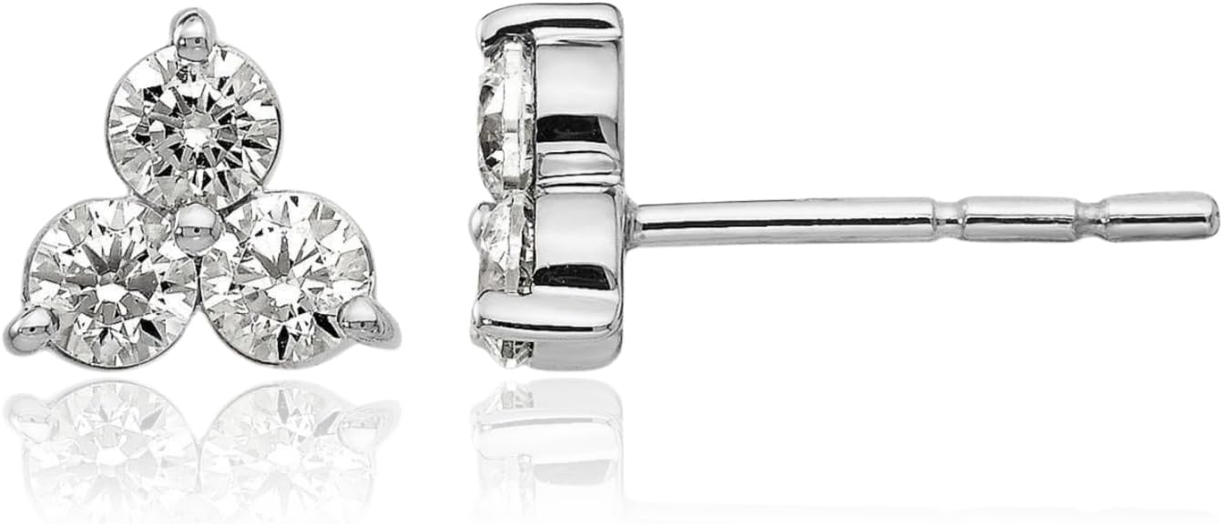 IceCarats 14K Solid White Gold 0.75 carat Lab Diamond Extra Large Three Stone Cluster Stud Earrings 14mm 0.6 inch Round Cut, Prong Set, Friction Back For Her