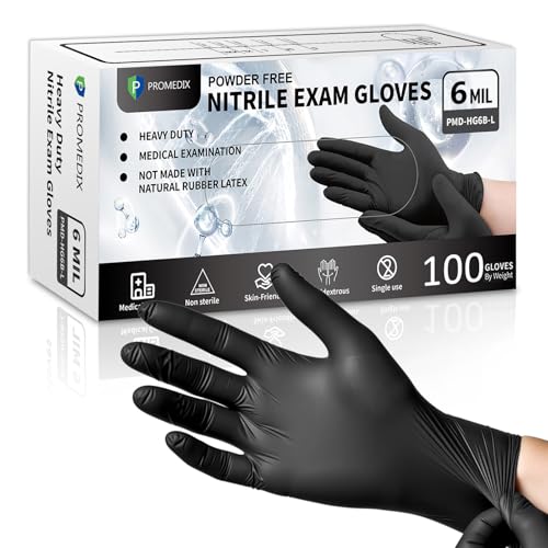 PROMEDIX P Black Disposable Nitrile Gloves, 6Mil 100 Pcs Food Safe Cooking Gloves Latex Free Rubber Gloves for Cleaning Exam Large