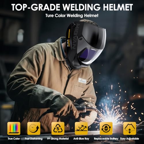 Image of Welding Helmet Auto Darkening True Color Large Viewing, Welding Hood Solar /Rechargeable Battery Powered, Wide Shade 4 /5-13 with 4 Arc Sensor, Optical Clarity Welding Mask for TIG MIG ARC Grind