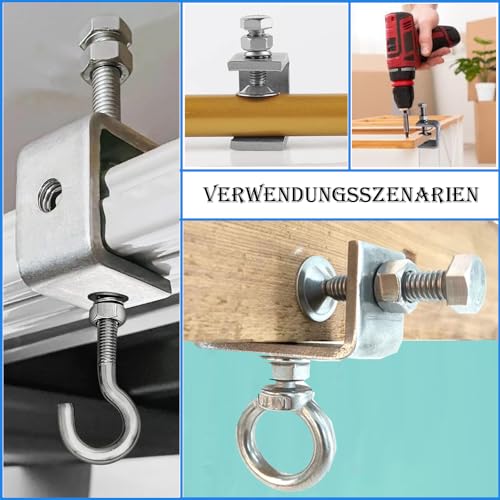 LEAUM Edelstahl C-Zwingen 6 Teiliges Set, C Klemme Kieferöffnungen 30mm Fixierzange Einstellbar Klemmbereich ist 0-25mm mit Edelstahl Haken und Ringschrauben für Holzarbeiten, Schweißen und Tischlerei