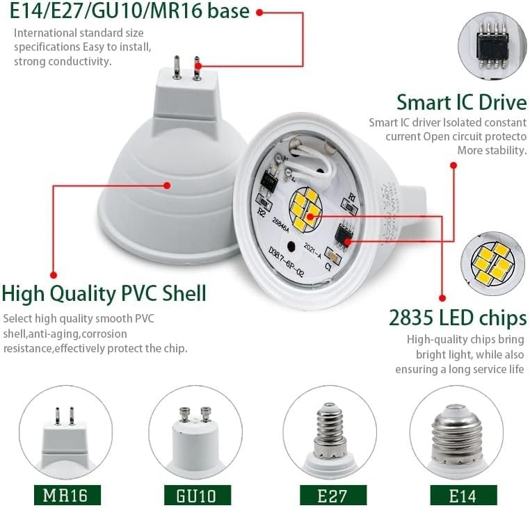 Jiaxu Illuminazione 10 Pz/Lotto Ac220v Gu10 Mr16 LED E27 E14 LED Lampada 24/120 Gradi Faretto Lampadina 6w Lamparas LED Lampadine per Interni per Uso Domestico, Cold White, 120 GU10