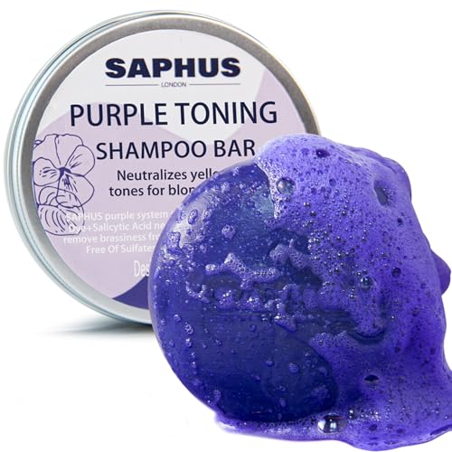 SAPHUS Sulfate Free Brass Toning Purple Shampoo Bar for Blonde Bleached Silver or Brown Highlighted Hair Travel Friendly with Tin Container +Sponge