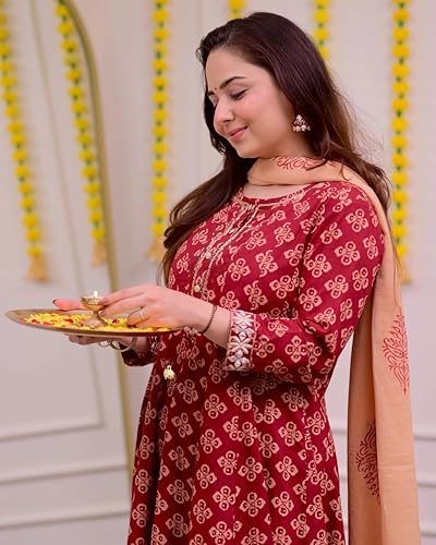 Image of KLOSIA Women Red Printed Anarkali Kurta and Pant with Dupatta Set
