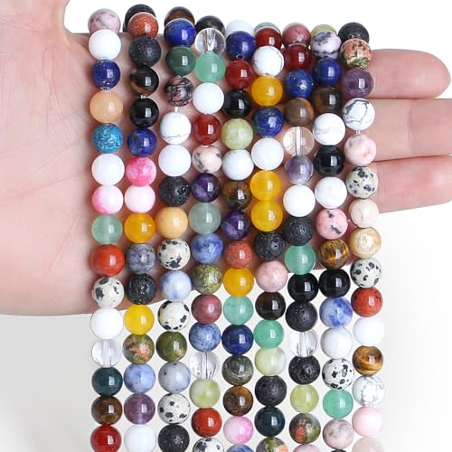 Sahoottie 100 Stück Mehrfarbig Perlen zum Auffädeln mit Loch 6mm Bunte Edelsteinperlen Set Runde Edelsteine zum Auffädeln Bunte Naturstein Perlen für Armbänder Halsketten DIY Schmuck Basteln