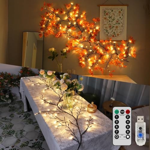 Image of Cherry Blossom Lights with 72 Maple Leaves, Wall Light White Decorative Tree Light for Bedroom & Living Room, Flexible Branch Wall Decor, Decorative Fairy String Lights