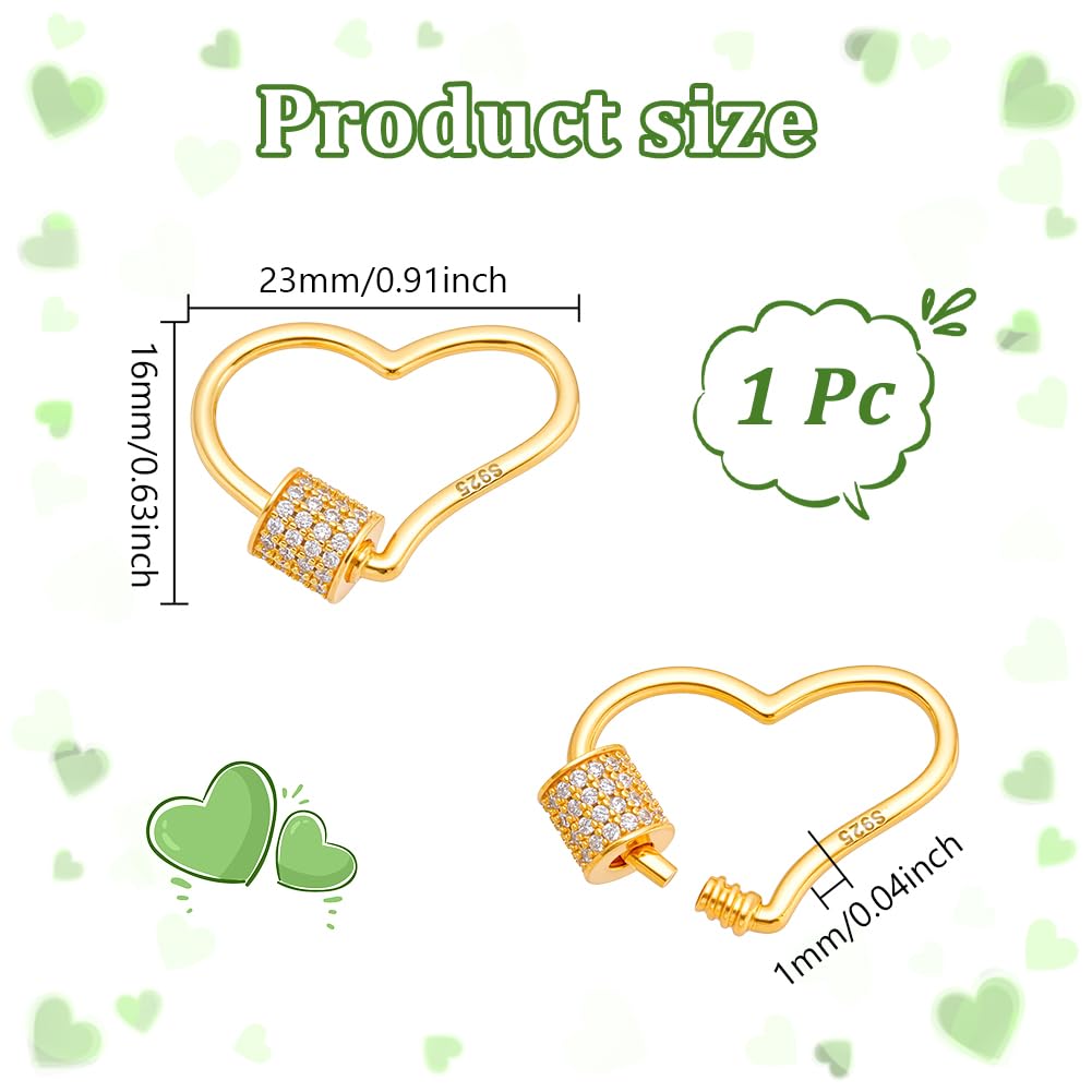 NBEADS Mosquetón de plata de ley 925 con rosca, llavero de circonita con corazón dorado, cierre seguro para hacer joyas, bolsos, accesorios de bricolaje, 16 x 23 x 1 mm