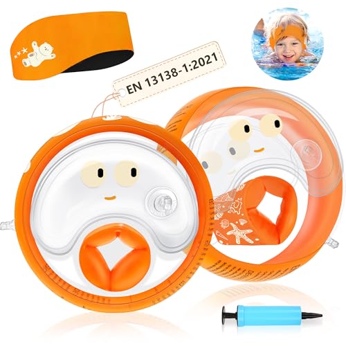 MutoToy® Manguitos Piscina con Diadema de Natación, Manguitos de Natación para Niños 1 6 Años, 3 Cámaras de Aire Independientes, Diseño Transparente, Manguitos Bebe para Piscina, Playa, Entrenamiento