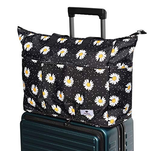 Women Ladies Weekender Bag Muti-pockets Overnight Carry-on Duffel Travel Gym Tote Luggage Duffle with Trolley Sleeve (White Daisy)