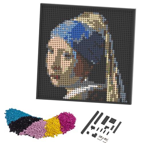 Pixel Brick Art Kit – Girl with a Pearl Earring Inspired Mosaic Wall Art, DIY Building Block Pixel Painting with 2304+ Round Tiles with Frame, Relaxing Creative Building Set, Home Decor & Gift Idea