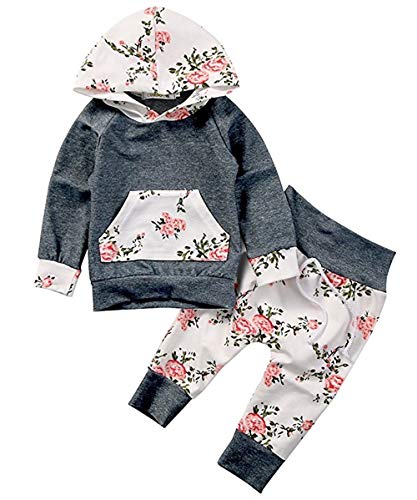 Baby Girls Long Sleeve Flowers Hoodie Top and Pants Outfit with Kangaroo Pocket (18-24 Months, A)