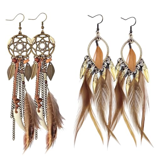 2 Pairs Brown Dream Catcher Feather Earrings for Women Bohemian Vintage Tassel Drop Dangle Earrings Ethnic Long Fringe Dreamcather Earring for Women Ear Jewelry - QC - Main Image