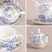 fanquare Meadow Porcelain Tea for One, Blue and Purple Teapot Set for Adults, Ceramic Coffee Cup with Saucer, Roses and Hydrangeas