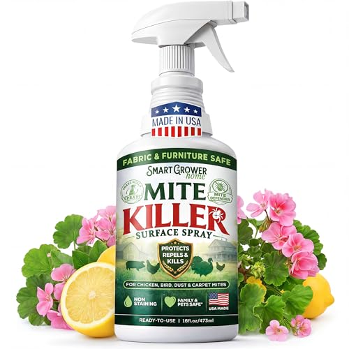 Dust Mite Spray for Home Mite Killer for Chicken Carpet Bird & Rat Mites Fast-Acting Botanical Surface Spray Non-Staining & Non-Greasy Smart Grower Mite Defender Family & Pet Area Safe 16oz