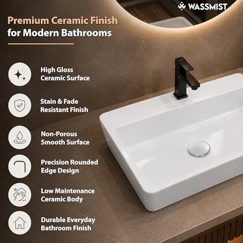 Image of WASSMIST Wash Basin | Table Top WashBasin for Bathroom with 10 Year Glaze Warranty | Premium Ceramic Rectangular Basin (17 X 14 X 4.50 inch)