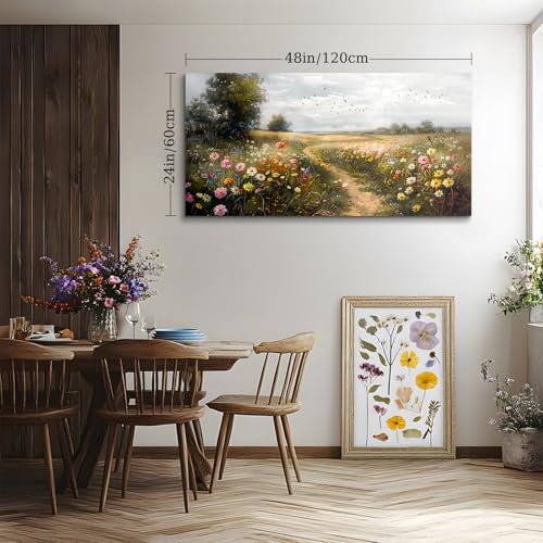 SERIMINO Large Wall Art for Living Room, Countryside Path Landscape Wall Decor, Wildflowers Meadow Canvas Prints, Natural Scenery Modern Pictures Home Decor Farmhouse Kitchen Dining Room 24"X48"