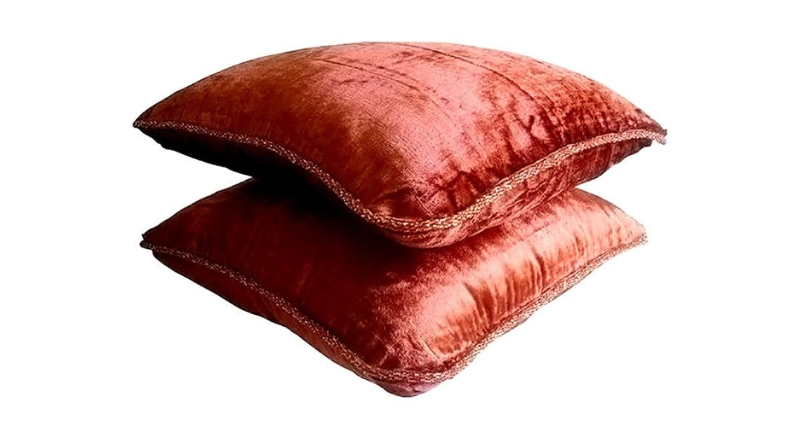 The HomeCentric Pack of 2, 65x65 cm (26"x26") Square Decorative Throw Rust Velvet Euro Sham Cover with Bead Border, Solid Color Throw Pillow Case, Modern Pillow Shams - Rust Shimmer