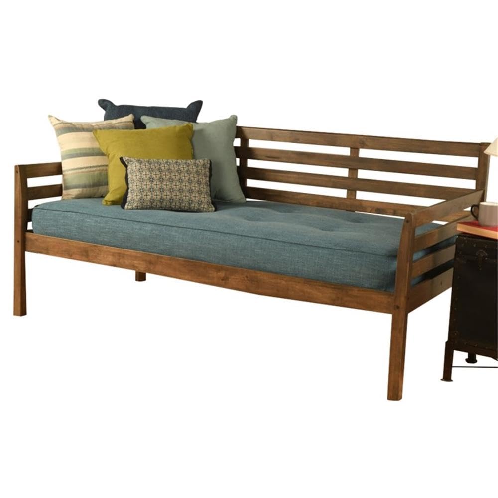 Pemberly Row Wood Daybed in Walnut Brown with Linen Aqua Mattress