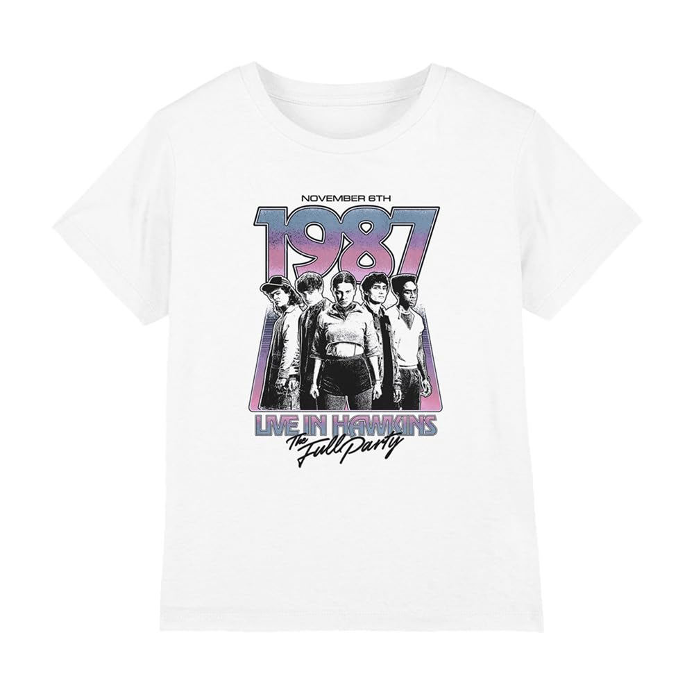 Stranger Things Hawkins 1987 Group Tour Poster Kids T Shirt, White, 9-11