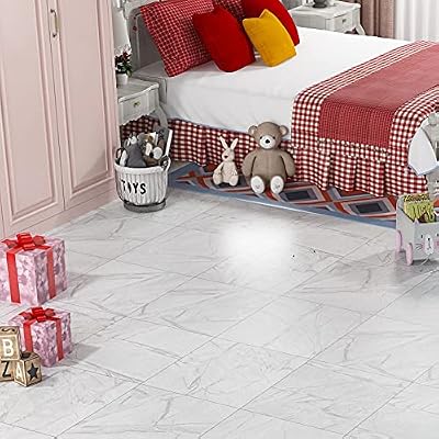 Livelynine 16-Pack Adhesive Flooring Tiles Peel and Stick Waterproof Laminate Flooring White Vinyl Flooring Peel and Stick On Floor Tiles Bathroom Bedroom Basement Kitchen Linoleum Flooring 12X12 in