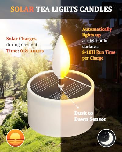 Image of SoulBay Solar Tea Lights Outdoor Waterproof, 6 Pack Small Flameless Flickering Small Bright LED Candles Lights with Dusk to Dawn Sensor for Lanterns Window Chandelier Garden Patio Deck Decor