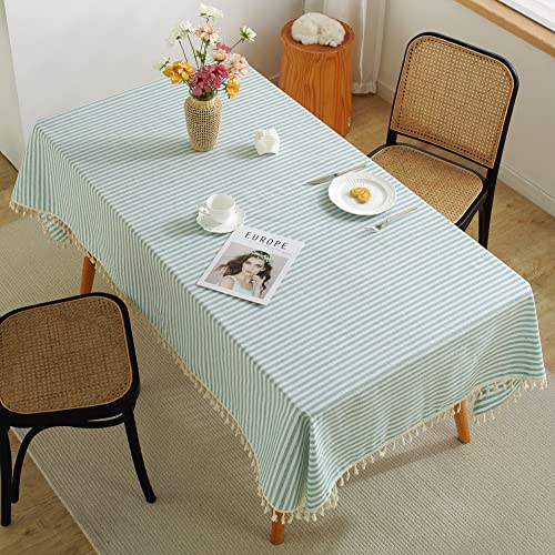 meioro Tablecloths Striped Tassel Table Cloth Rectangular Tablecloth Cotton Linen Table Cover Suitable for Home Kitchen Decoration (Green/White Stripes,140×220cm) - Image 2