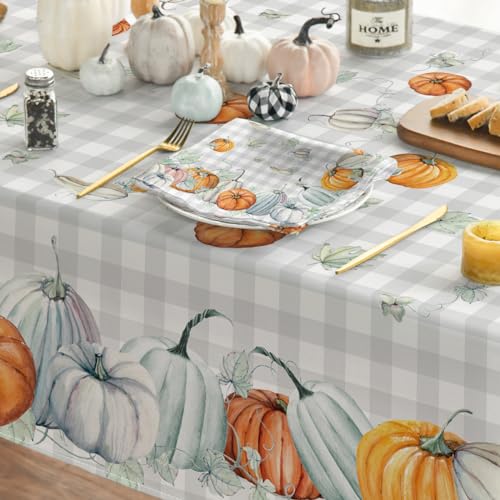 Horaldaily FALL-TABLECLOTH-150213-023BP Fall Tablecloth 60X84 Inch Rectangular, Thanksgiving Autumn Harvest Watercolor Pumpkins Blue Buffalo Plaid Table Cover thumb #3