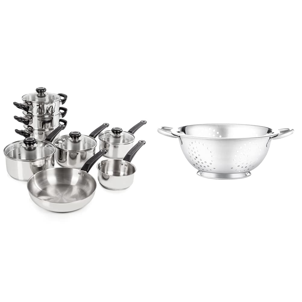 Morphy Richards970001 Equip Induction Pan Set, Stainless Steel, Stay Cool Handles, Thermocore Technology, 8 Piece Set & Stainless Steel Collection Colander