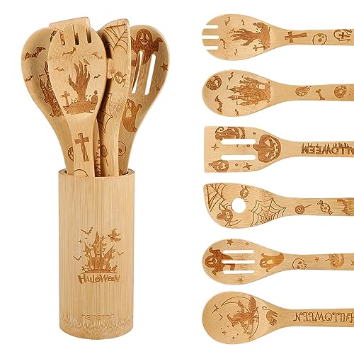 Hemoton 6pcs Halloween Cooking Utensils, Wooden Spoons for Cooking with Castle, Pumpkin, Ghost Patterns, Kitchen Bamboo Spoons for Halloween Party Decoration House