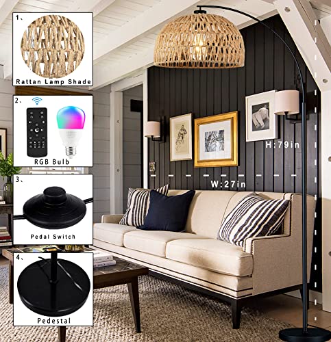 Qiyizm Arc Floor Lamp Rattan For Living Room Bedroom With Remote Rgb Color Colorful Dimmable Standing Lamp Wicker Boho Arched Floor Light Modern Farmhouse Industria Black Rustic Tall Floor Lamps #TOP5