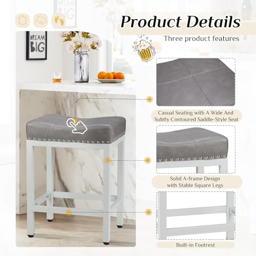 Sweetcrispy 24 inch Bar Stools Set of 4, Upholstered Modern Counter Height Bar Stools for Kitchen Island Modern PU Leather Sadless Stools Chair with Metal Base and Footrest,Grey