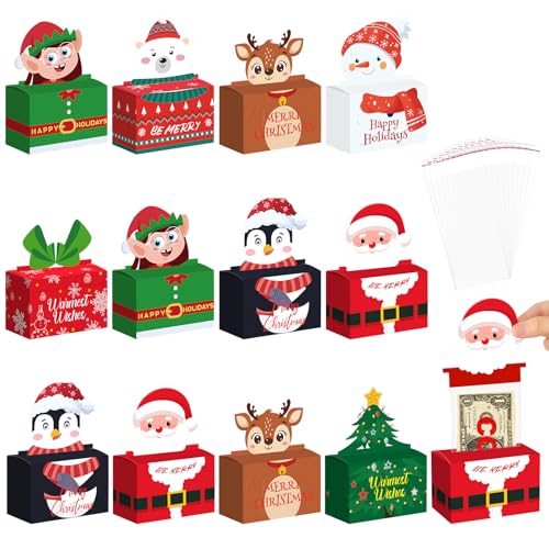 Kritkin 12 Pcs Christmas Money Box for Cash Gift Pull Santa Dispenser Pop up Christmas Money Holder Gift Big 300 Transparent Bag Cash Box Elk Cake Kit for Pull Adults Party(Elegant)