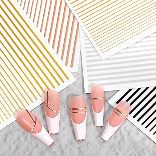 Kifmurase 15Pcs Gold Silver Lines Nail Art Stickers Decals 3D Golden French Manicure Strips Self-Adhesive Nails Art Decorations Supplies Geometric Waved Stripe Tape Manicure Sliders for Women DIY