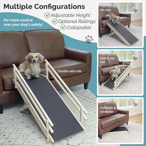 Dog Ramp for Couch with Safety Rails - Adjustable from 14" to 21" with Anti-Slip PAWGRIP & Convenient Platform Top - for Small Dogs up to 150lbs - Made of Solid Hardwood in North America