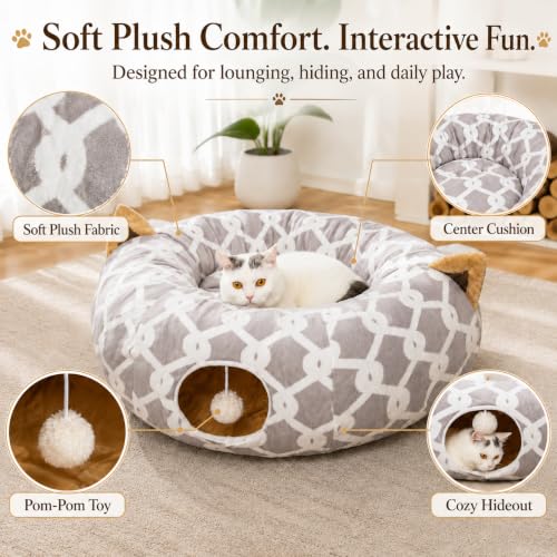 Image of Large Cat Tunnel Bed Under Christmas Tree with Fluffy Toy Balls, Small Cushion and Flexible Design- 10 inch Diameter, 3 ft Length- Great for Cats, and Small Dogs, Gray Geometric Figure