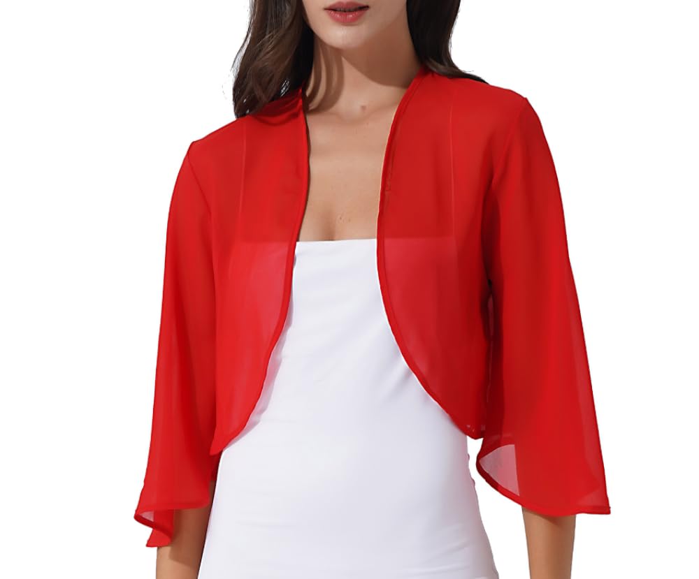 FWSHANGMAO Women's Shrugs,Women's 3/4 Sleeve Dress Shawl Shrug Summer Chiffon Bolero Cardigan Embroidery Jacket Short Open Front Elegant Jacket See Through Cover-Up for Dresses,Red,L